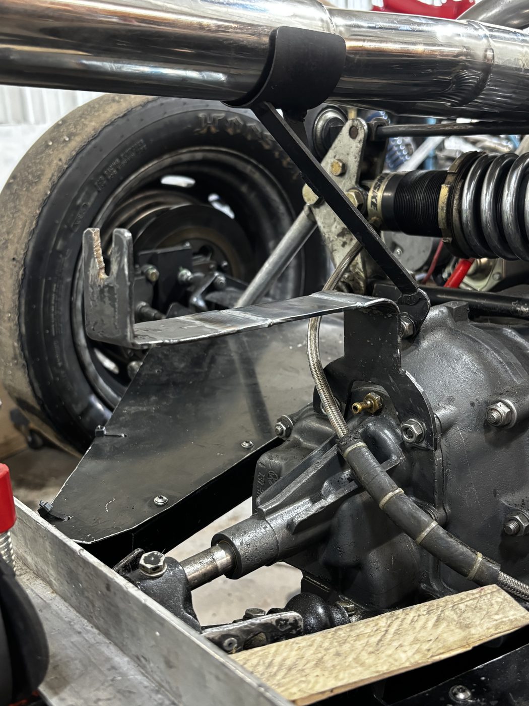 Welded brackets and panel work on a Formula Vee chassis